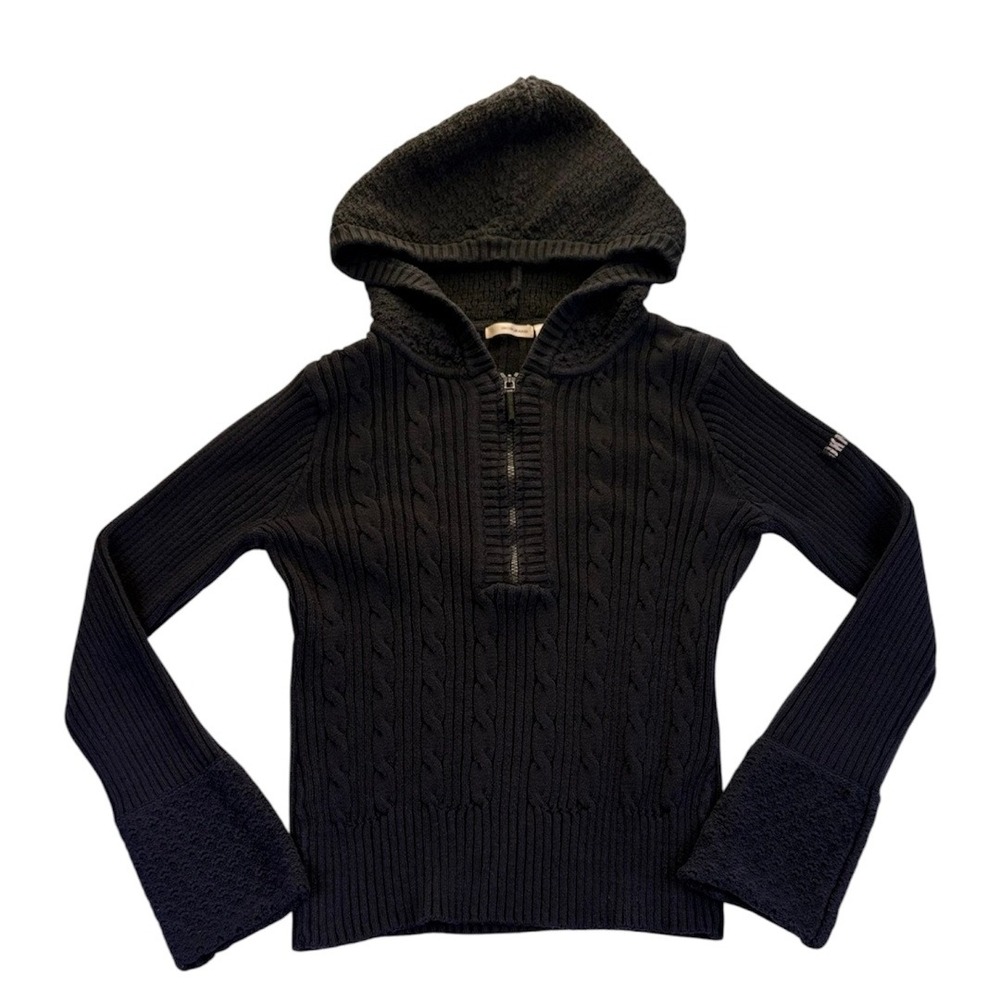 DKNY Jeans Women's L Black Cable Knit Quarter Zip Hoodie Sweater Gorpcore Layer